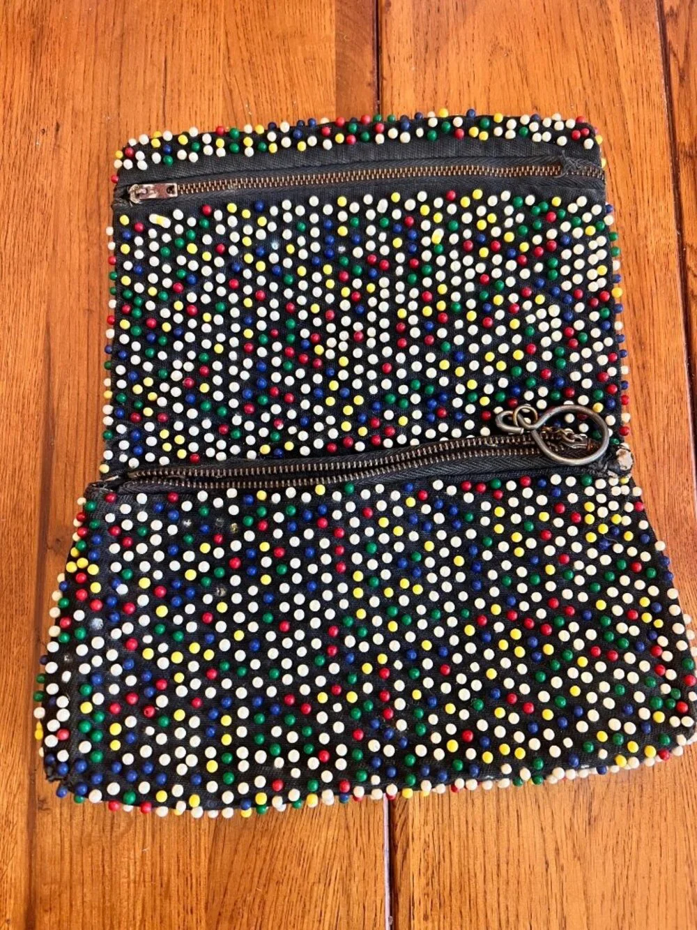 Vintage Beaded Multicolor Clutch With Metal Ring Accent Handcrafted Design 8.5